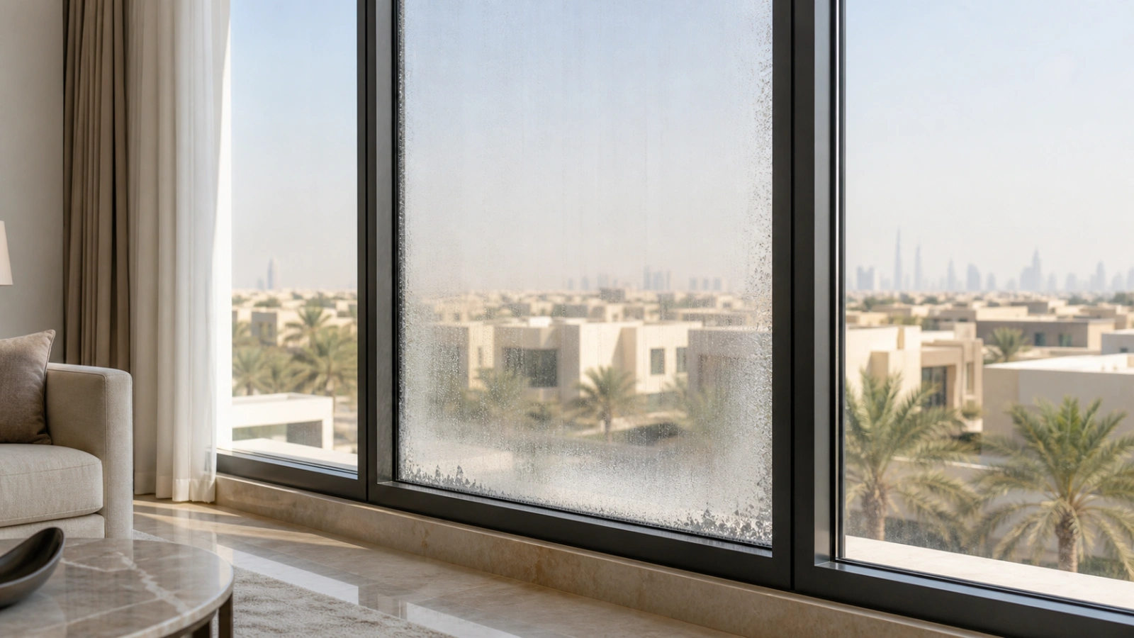 Condensation inside a double-glazed window in a Dubai villa