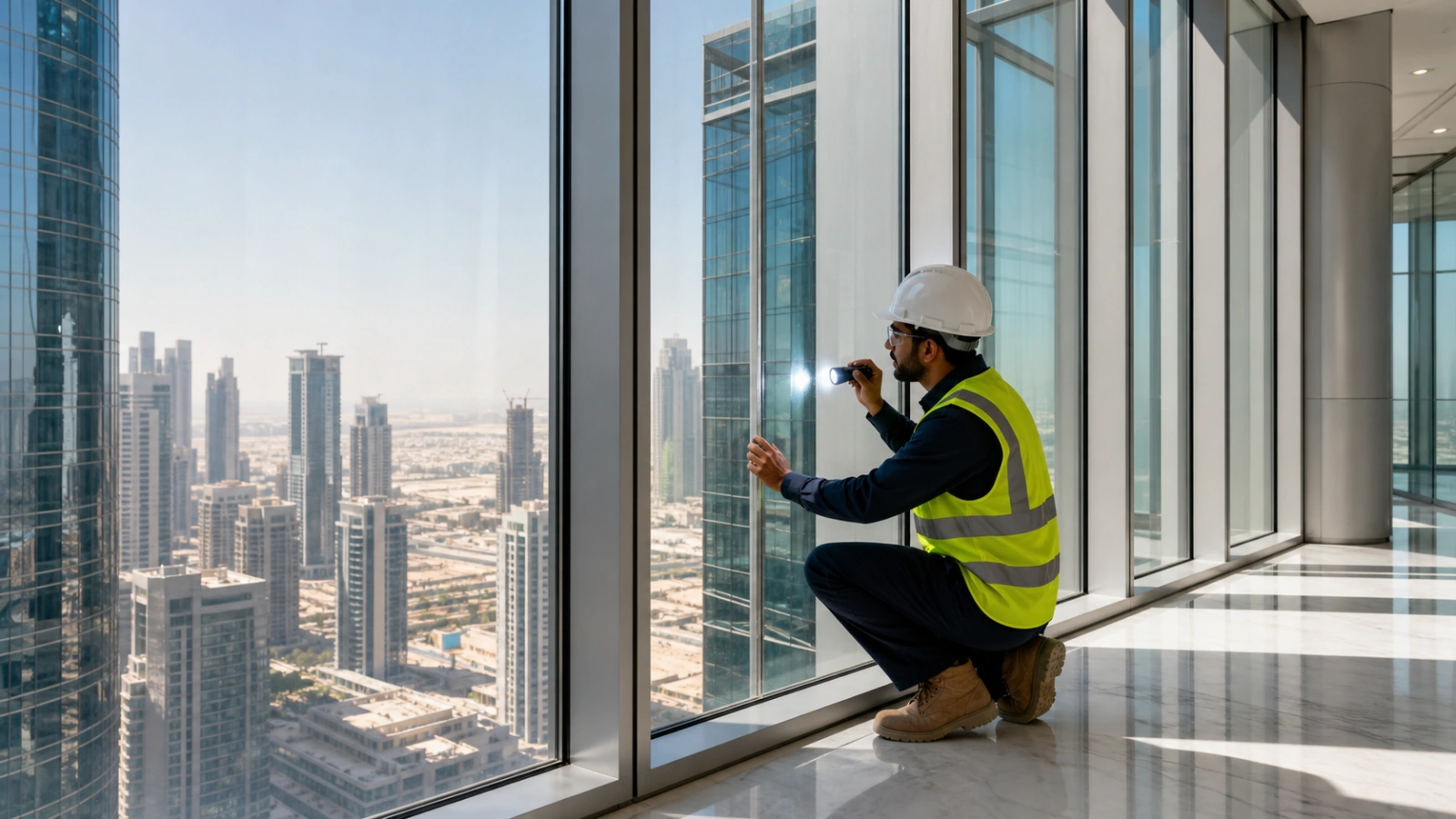 Technician inspecting toughened facade glass inside a Dubai high-rise