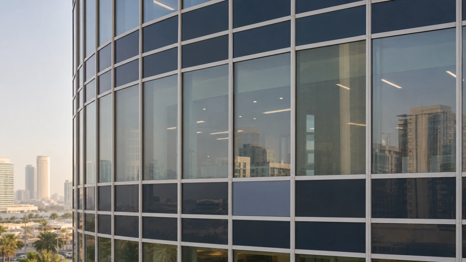 Opaque spandrel glass panels on a Dubai commercial building facade